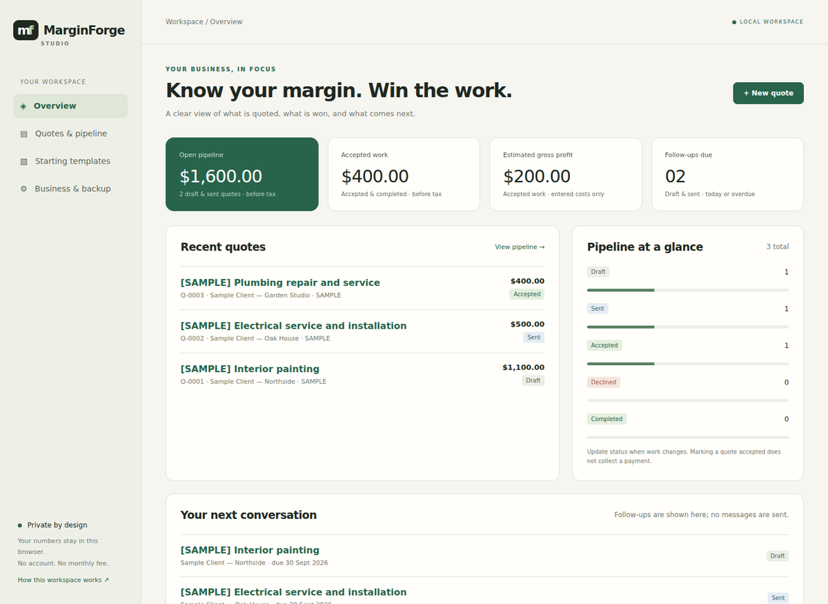 MarginForge quote and job-margin toolkit interface